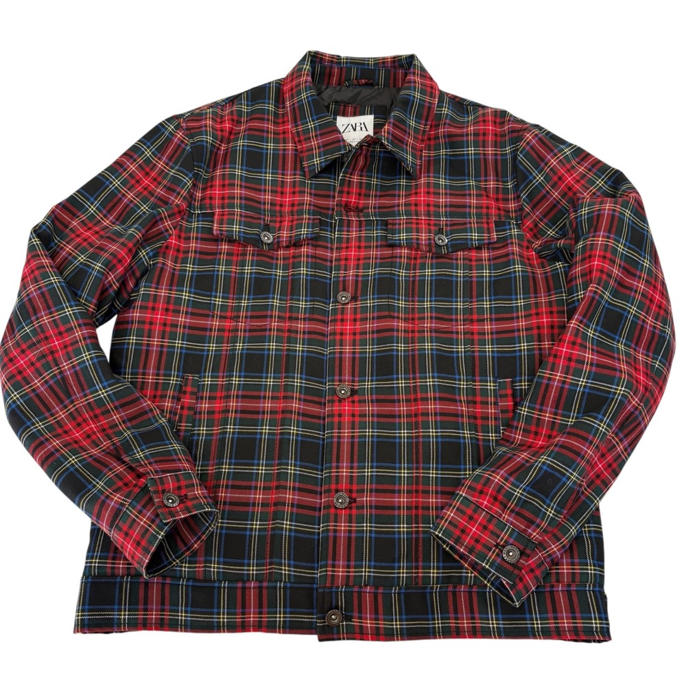 Zara Man Plaid Jacket Mens Red Tartan Flannel Button Up Lined Shirt Jacket Large - Picture 3 of 9